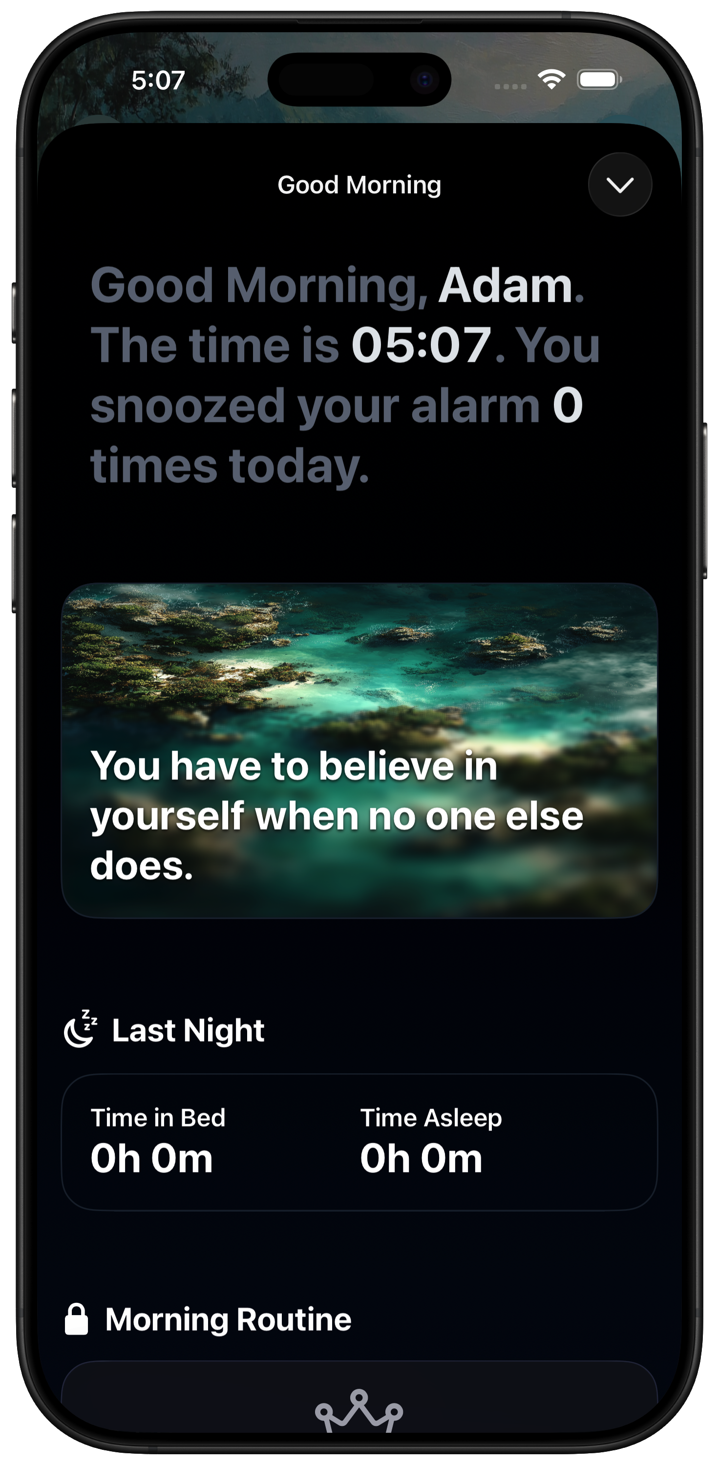 An image of the Morning Club app Alarm Completed View showcasing the morning message, time slept and morning routine.