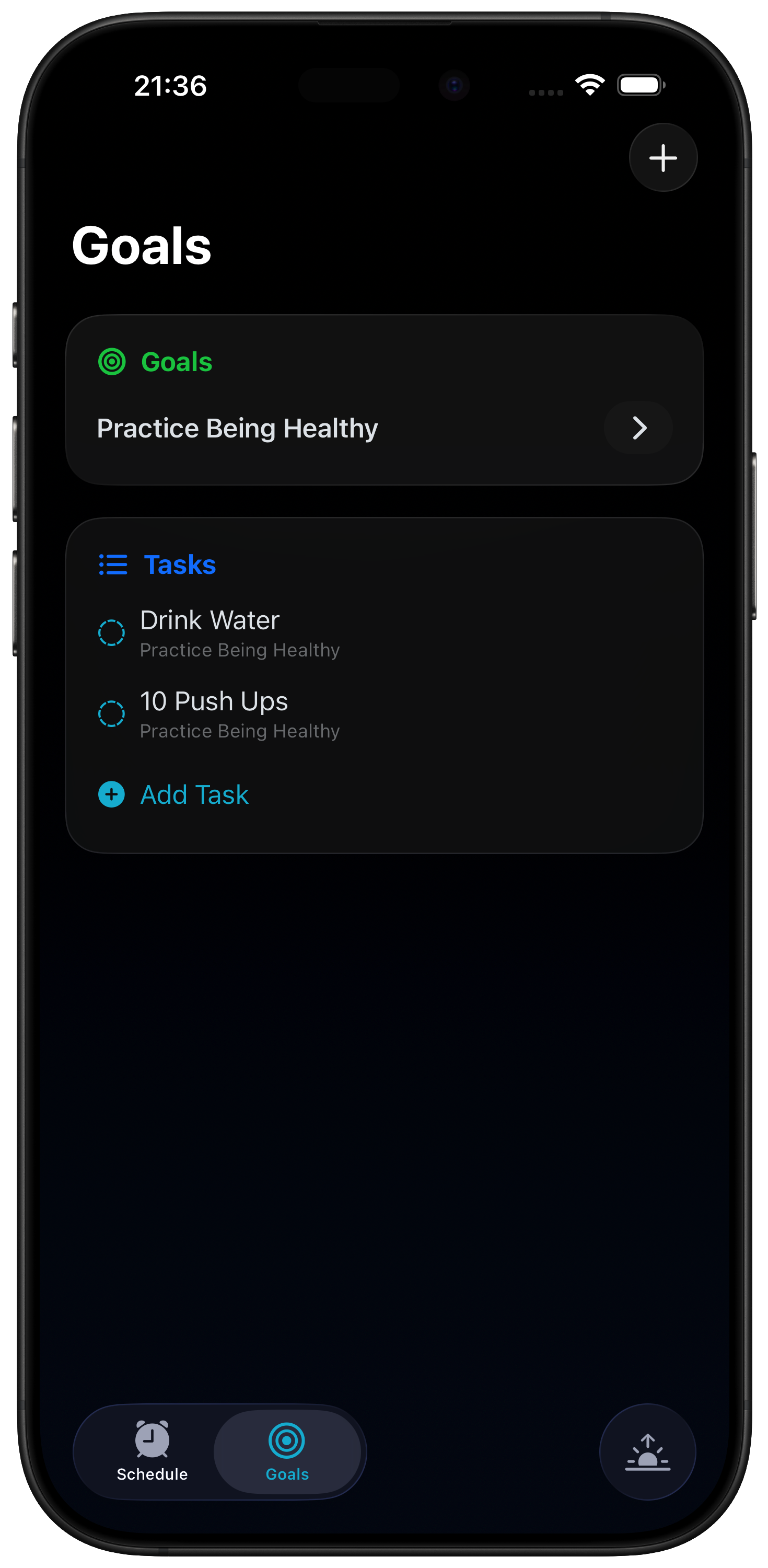 The Goals View within the Morning Club App showcasing a users goals and morning routine.