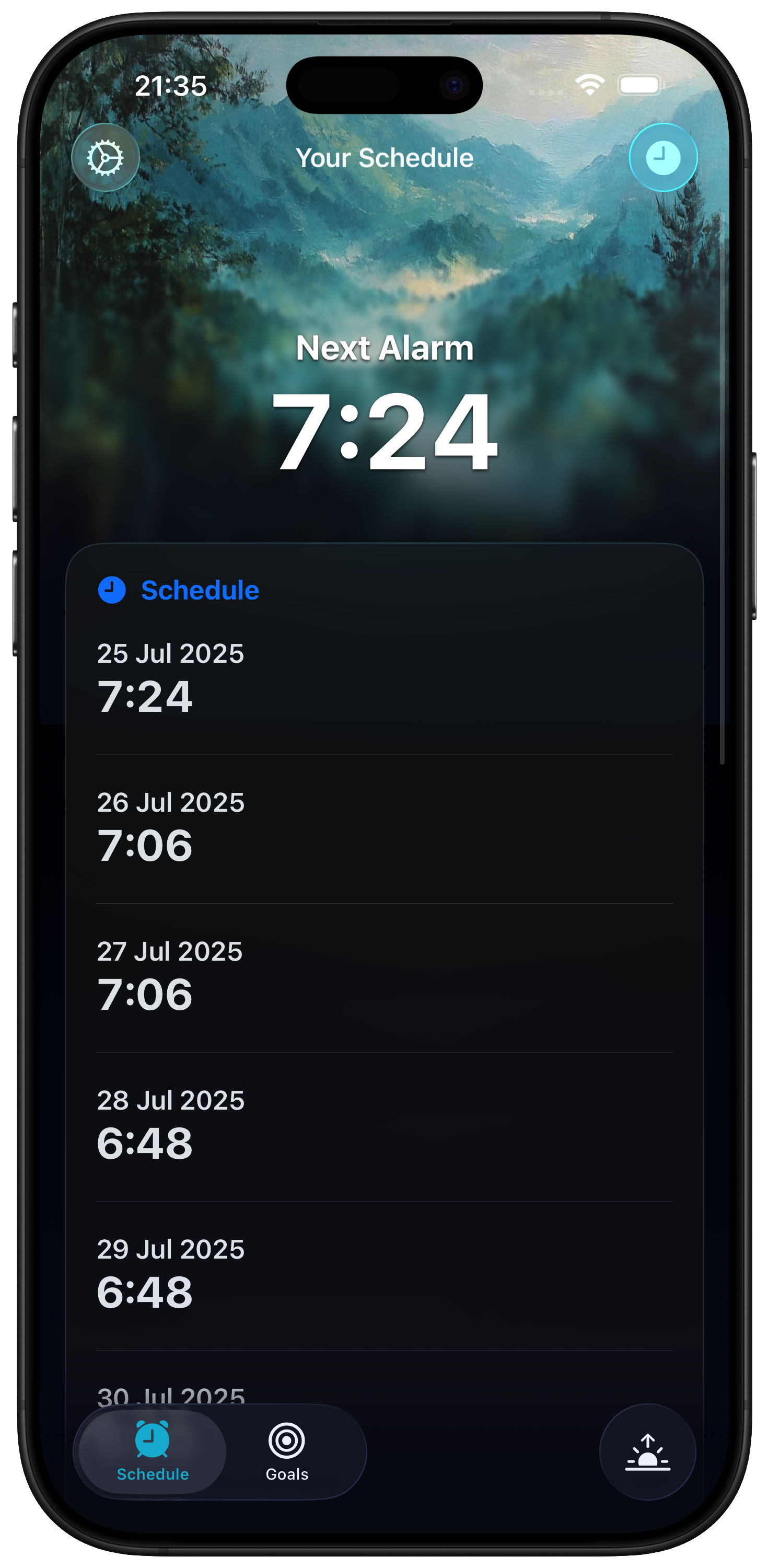Alarm Schedule View showcasing the gradual shift in wake time over time.